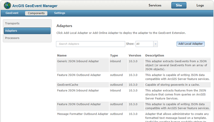 List of available adapters deployed with